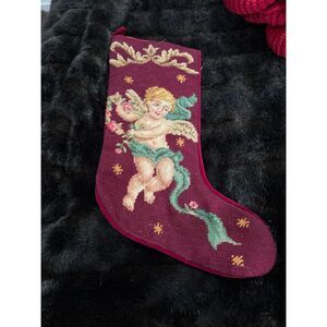 Vintage Imperial Elegance Wool Christmas Stocking Needlepoint CHERUB Victorian